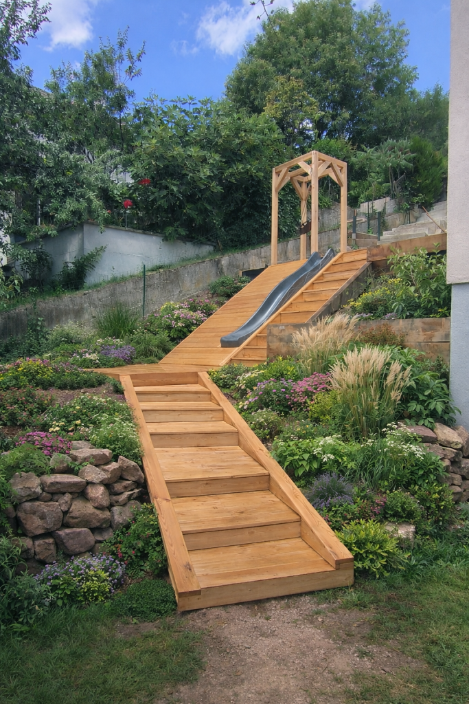 escalier en bois avec toboggan et végétalisation  